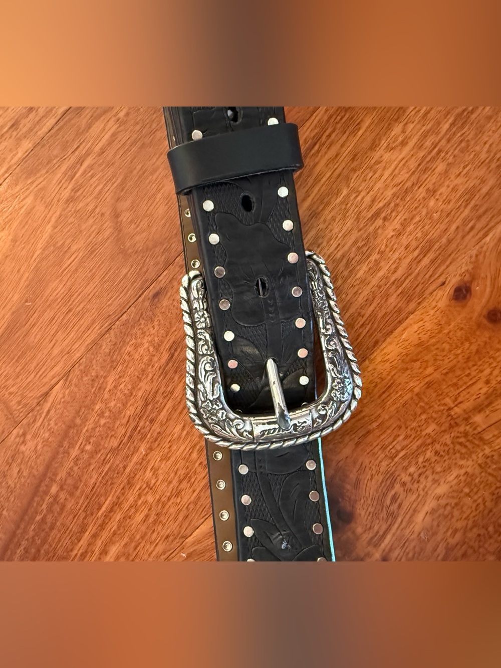 Ariat western Black Studded Western Leather Belt with Silver tooled buckle